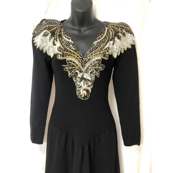 Pat Sandler Neiman Marcus Vintage Dress Sz 10 Black Gold Sequins Cocktail - Picture 5 of 9